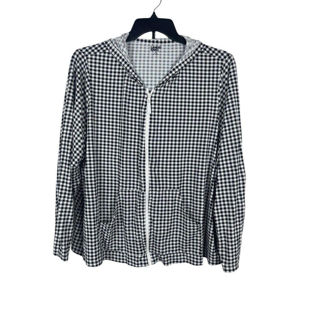 Lands' End Black and White Gingham Zip Hoodie